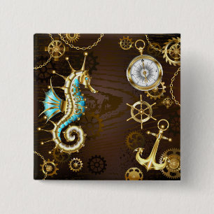 Badge Carré 5 Cm Fond en bois avec hippocampe mécanique
