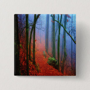 Badge Carré 5 Cm Forêt peinte Automne Brouillard bleu