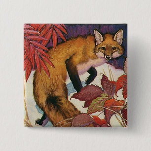 Badge Carré 5 Cm Forêt vintage Créatures Red Fox Wild Animal