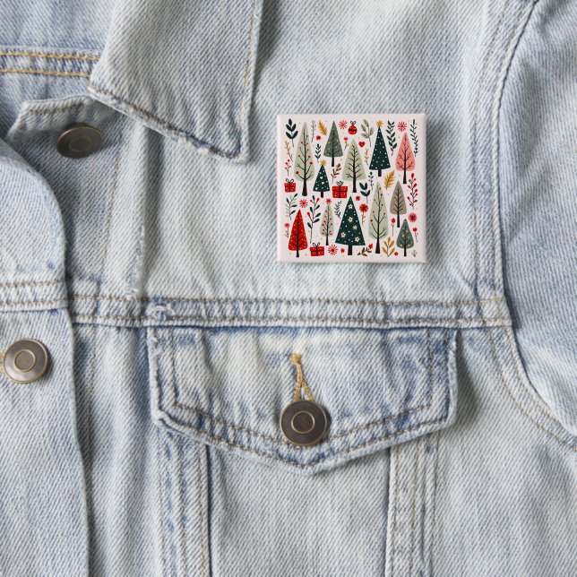 Badge Carré 5 Cm Forêt Whimsical d'arbres de Noël (En situation)