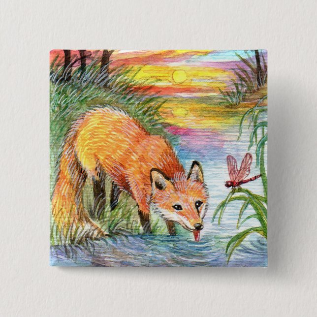 Badge Carré 5 Cm Fox buvant par la rive (Devant)