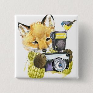 Badge Carré 5 Cm Fox mignon d'aquarelle prenant des photos
