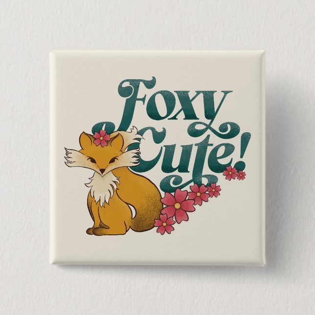 Badge Carré 5 Cm Foxy Cute avec Fleurs (Devant)