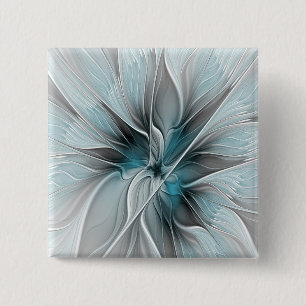 Badge Carré 5 Cm Fractal Floral Moderne Abstrait Fleur Bleu Gris
