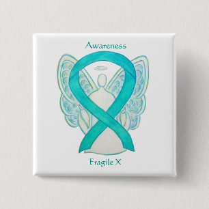 Badge Carré 5 Cm Fragile X Turquoise Sensibilisation Angle Ruban Pi
