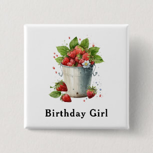 Badge Carré 5 Cm Fraises fraîches dans un seau Fille d'anniversaire
