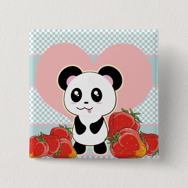 Badge Carré 5 Cm Fraises Kawaii Panda mignonnes (Devant)