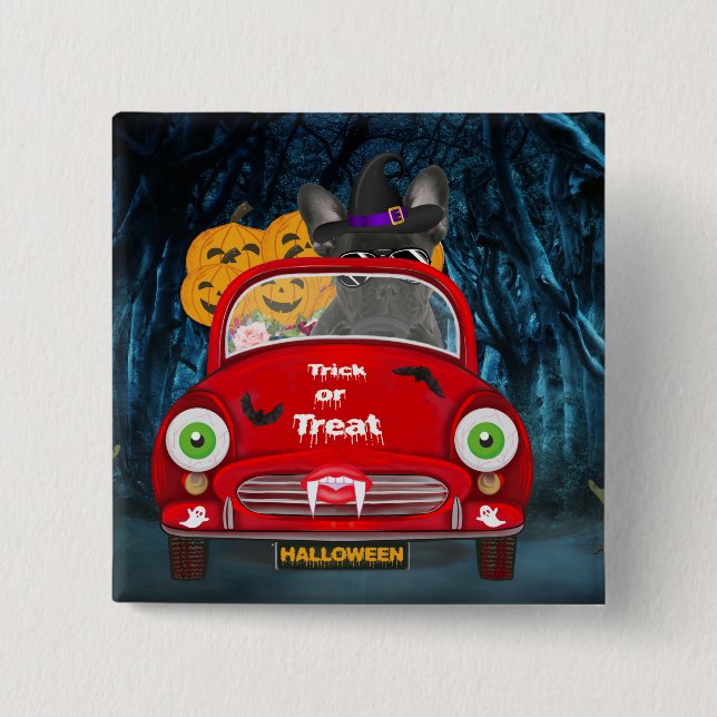 Badge Carré 5 Cm Français Bulldog Driving Car Effrayant Halloween (Devant)