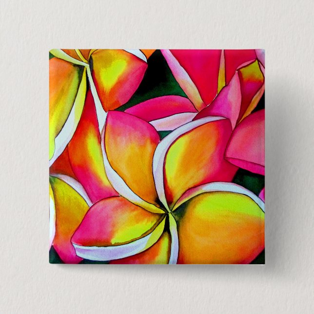 Badge Carré 5 Cm Frangipani rose Neon Plumeria Plage fleurs d'art (Devant)