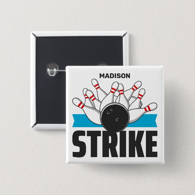 Badge Carré 5 Cm Frappe Bowling Nom Personnalisé (Devant & derrière)