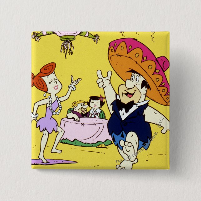 Badge Carré 5 Cm Fred Flintstone Wilma Barney et Betty Fiesta (Devant)