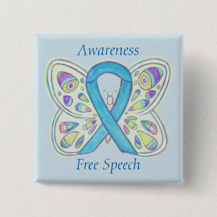 Badge Carré 5 Cm Free Speech Blue Butterfly Awareness Ribbon Pin