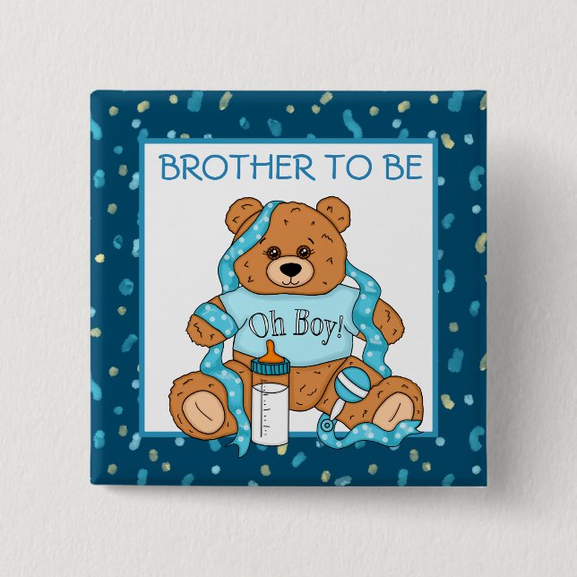 Badge Carré 5 Cm Frère pour être Blue Teddy Bear Baby shower (Devant)