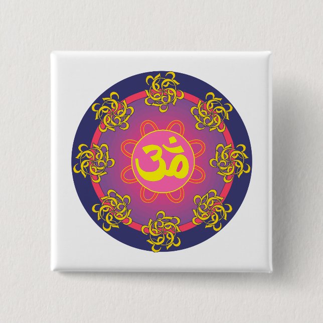Badge Carré 5 Cm Frontière bleue Om Mandala (Devant)