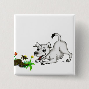 Badge Carré 5 Cm Frühlingserwachen, Welpe mit Schmetterling