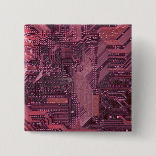 Badge Carré 5 Cm Fuchsia Cyber Circuit Board Tech Art Electronique