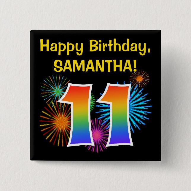 Badge Carré 5 Cm Fun Fireworks + Rainbow Motif "11" Anniversaire # (Devant)