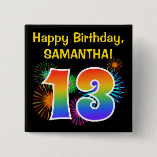 Badge Carré 5 Cm Fun Fireworks + Rainbow Motif "13" Anniversaire #