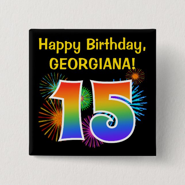 Badge Carré 5 Cm Fun Fireworks + Rainbow Motif "15" Anniversaire # (Devant)