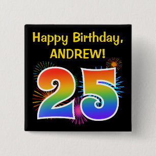 Badge Carré 5 Cm Fun Fireworks + Rainbow Motif "25" Anniversaire #