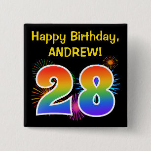 Badge Carré 5 Cm Fun Fireworks + Rainbow Motif "28" Anniversaire #