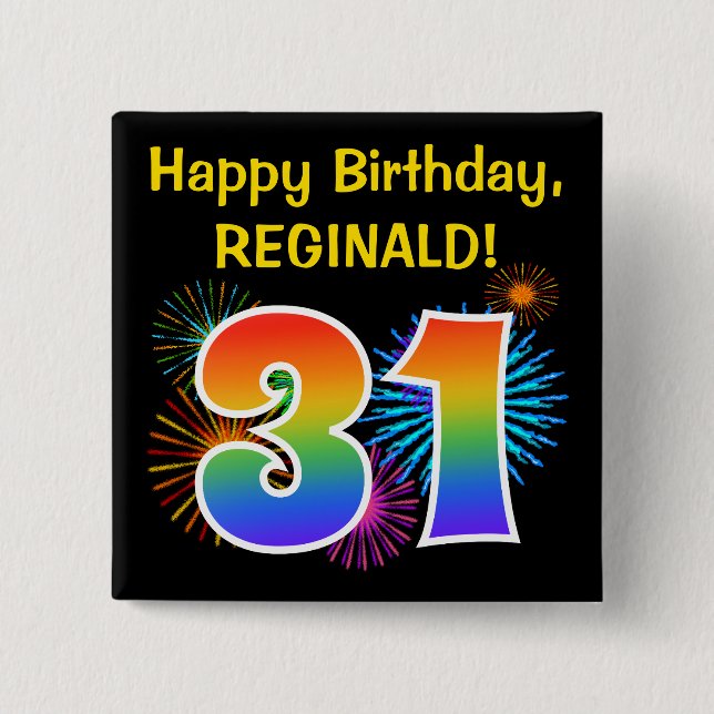 Badge Carré 5 Cm Fun Fireworks + Rainbow Motif "31" Anniversaire # (Devant)
