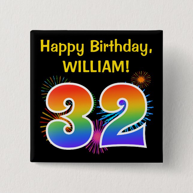 Badge Carré 5 Cm Fun Fireworks + Rainbow Motif "32" Anniversaire # (Devant)