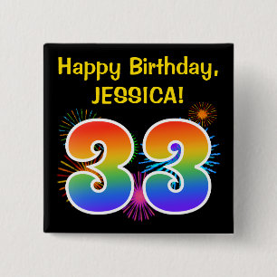 Badge Carré 5 Cm Fun Fireworks + Rainbow Motif "33" Anniversaire #