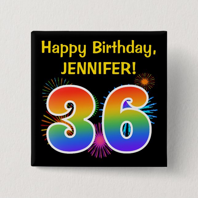 Badge Carré 5 Cm Fun Fireworks + Rainbow Motif "36" Anniversaire # (Devant)