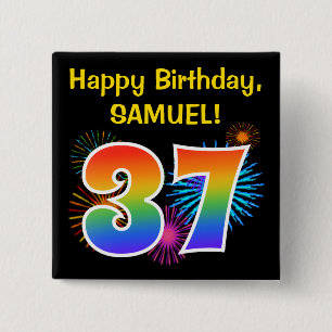 Badge Carré 5 Cm Fun Fireworks + Rainbow Motif "37" Anniversaire #