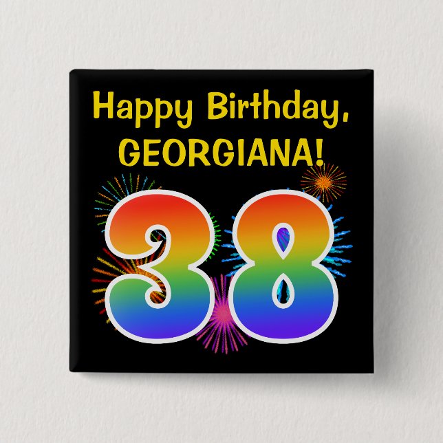 Badge Carré 5 Cm Fun Fireworks + Rainbow Motif "38" Anniversaire # (Devant)