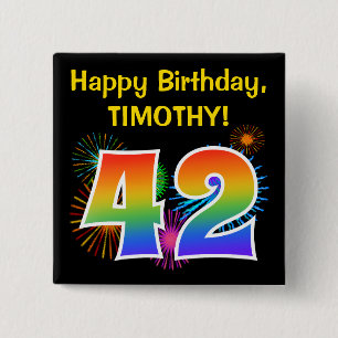 Badge Carré 5 Cm Fun Fireworks + Rainbow Motif "42" Anniversaire #