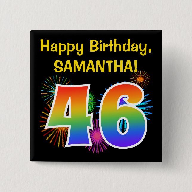 Badge Carré 5 Cm Fun Fireworks + Rainbow Motif "46" Anniversaire # (Devant)