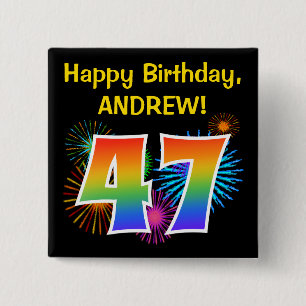 Badge Carré 5 Cm Fun Fireworks + Rainbow Motif "47" Anniversaire #