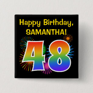 Badge Carré 5 Cm Fun Fireworks + Rainbow Motif "48" Anniversaire #