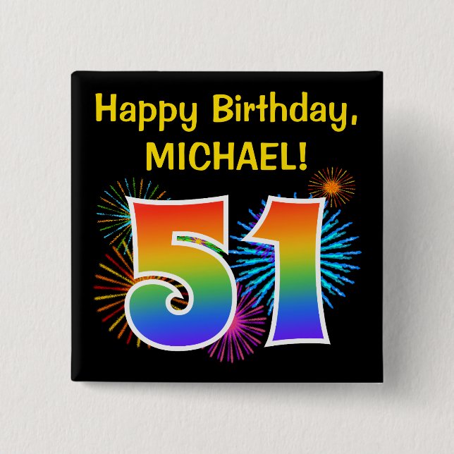 Badge Carré 5 Cm Fun Fireworks + Rainbow Motif "51" Anniversaire # (Devant)
