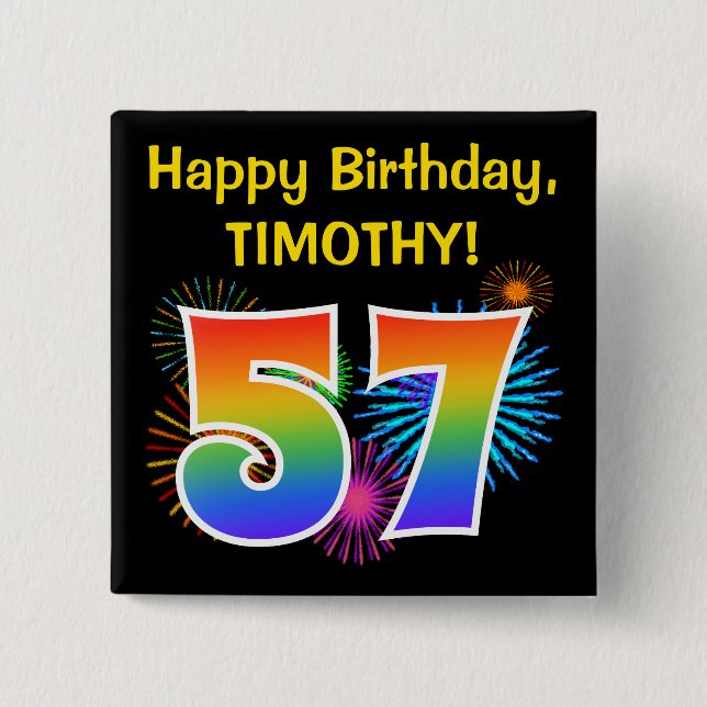 Badge Carré 5 Cm Fun Fireworks + Rainbow Motif "57" Anniversaire # (Devant)
