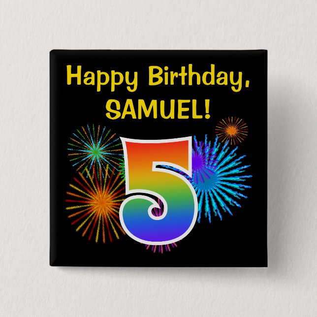 Badge Carré 5 Cm Fun Fireworks + Rainbow Motif "5" Anniversaire # (Devant)
