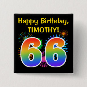 Badge Carré 5 Cm Fun Fireworks + Rainbow Motif "66" Anniversaire #