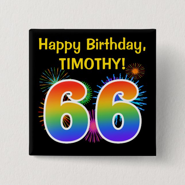 Badge Carré 5 Cm Fun Fireworks + Rainbow Motif "66" Anniversaire # (Devant)