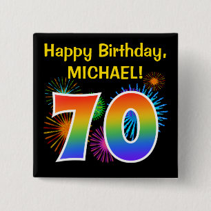 Badge Carré 5 Cm Fun Fireworks + Rainbow Motif "70" Anniversaire #