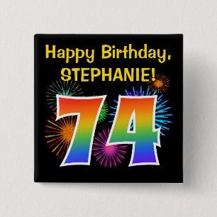 Badge Carré 5 Cm Fun Fireworks + Rainbow Motif "74" Anniversaire #