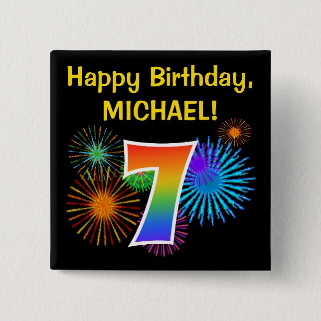 Badge Carré 5 Cm Fun Fireworks + Rainbow Motif "7" Anniversaire # (Devant)