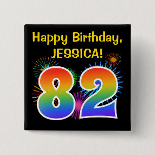 Badge Carré 5 Cm Fun Fireworks + Rainbow Motif "82" Anniversaire #