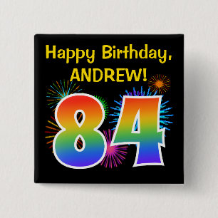Badge Carré 5 Cm Fun Fireworks + Rainbow Motif "84" Anniversaire #