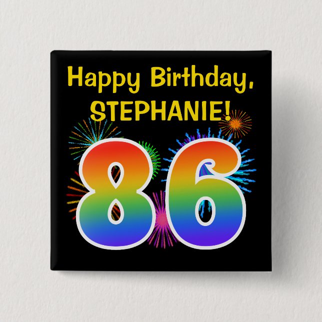 Badge Carré 5 Cm Fun Fireworks + Rainbow Motif "86" Anniversaire # (Devant)