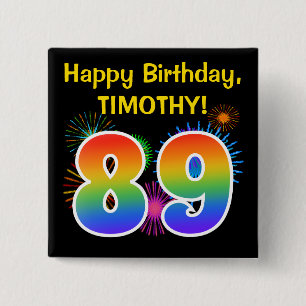 Badge Carré 5 Cm Fun Fireworks + Rainbow Motif "89" Anniversaire #