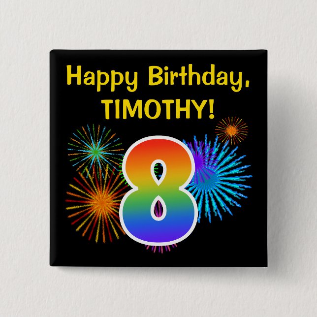 Badge Carré 5 Cm Fun Fireworks + Rainbow Motif "8" Anniversaire # (Devant)