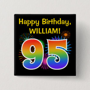 Badge Carré 5 Cm Fun Fireworks + Rainbow Motif "95" Anniversaire #