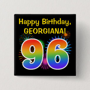 Badge Carré 5 Cm Fun Fireworks + Rainbow Motif "96" Anniversaire #